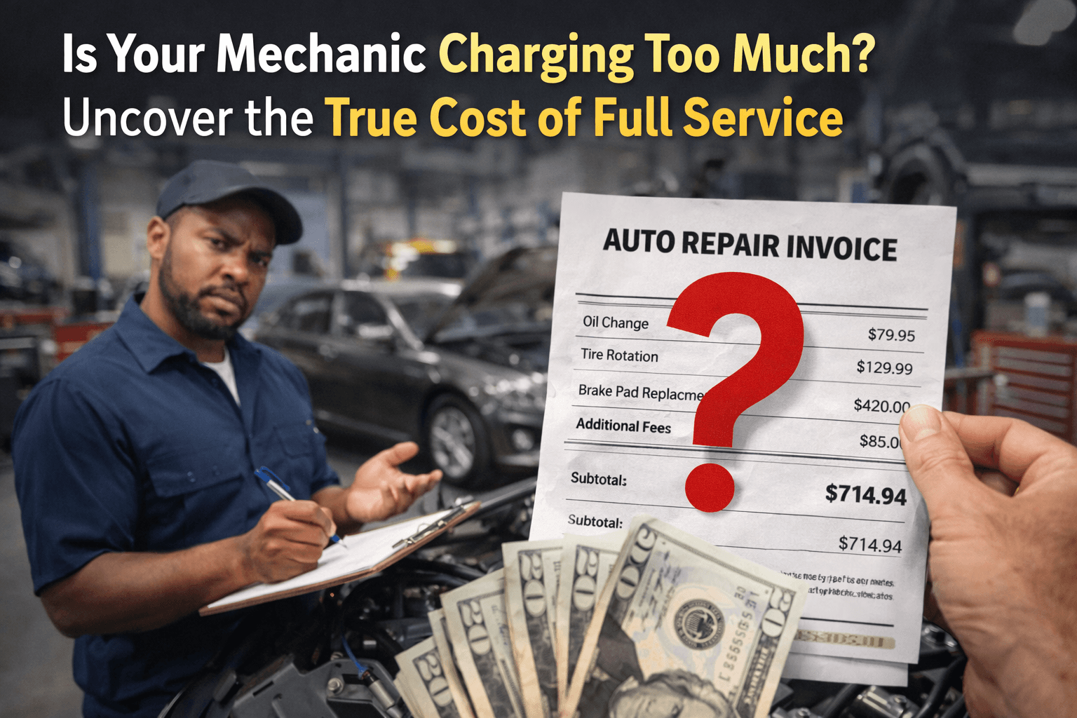 Mechanic performing full car service inspection in auto repair shop