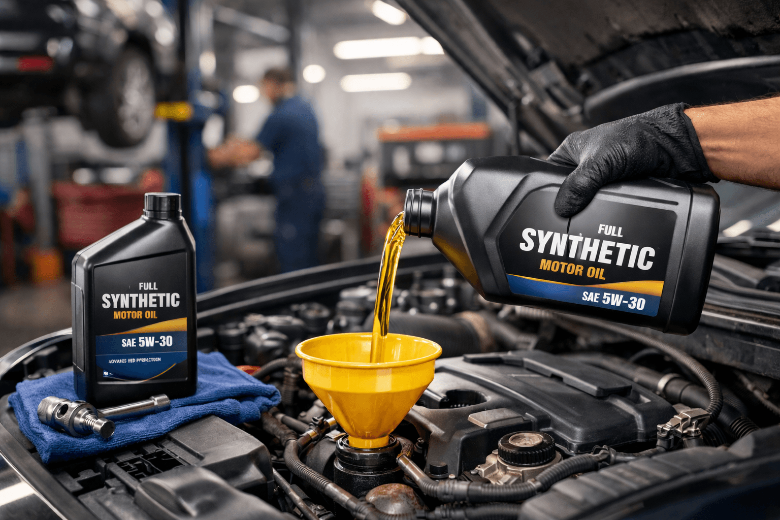 Technician performing a full synthetic oil change